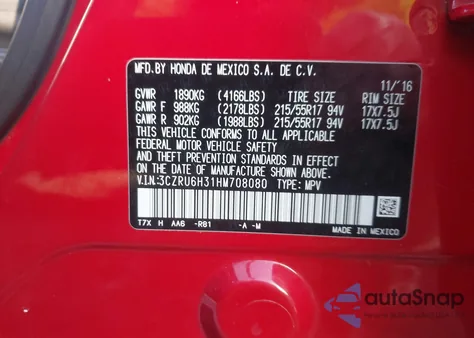 2017 Honda Hr-V Lx from USA, damaged, VIN 3CZRU6H31HM708080